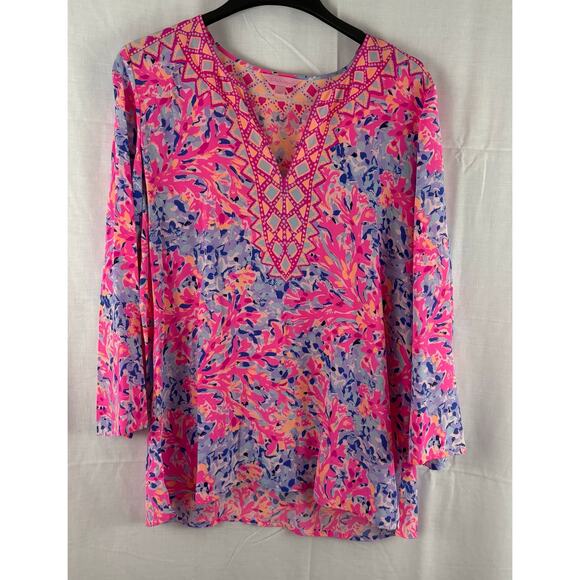 Lilly Pulitzer Renato 100% Silk Tunic Coco Coral  Blouse Size Large - Picture 1 of 8